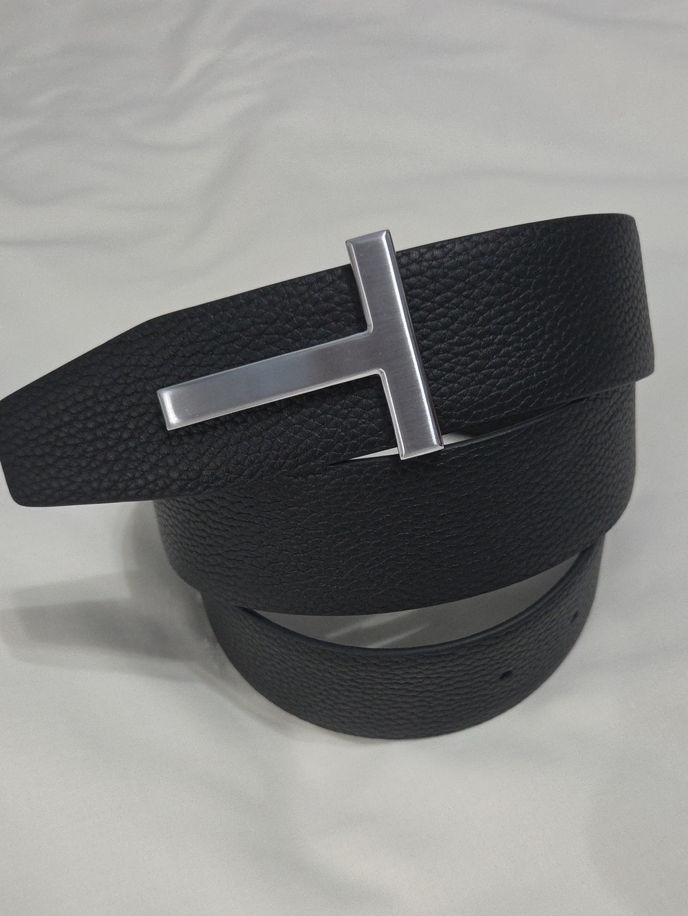 Tom Ford Black Leather Belt Satin Silver Accent Buckle